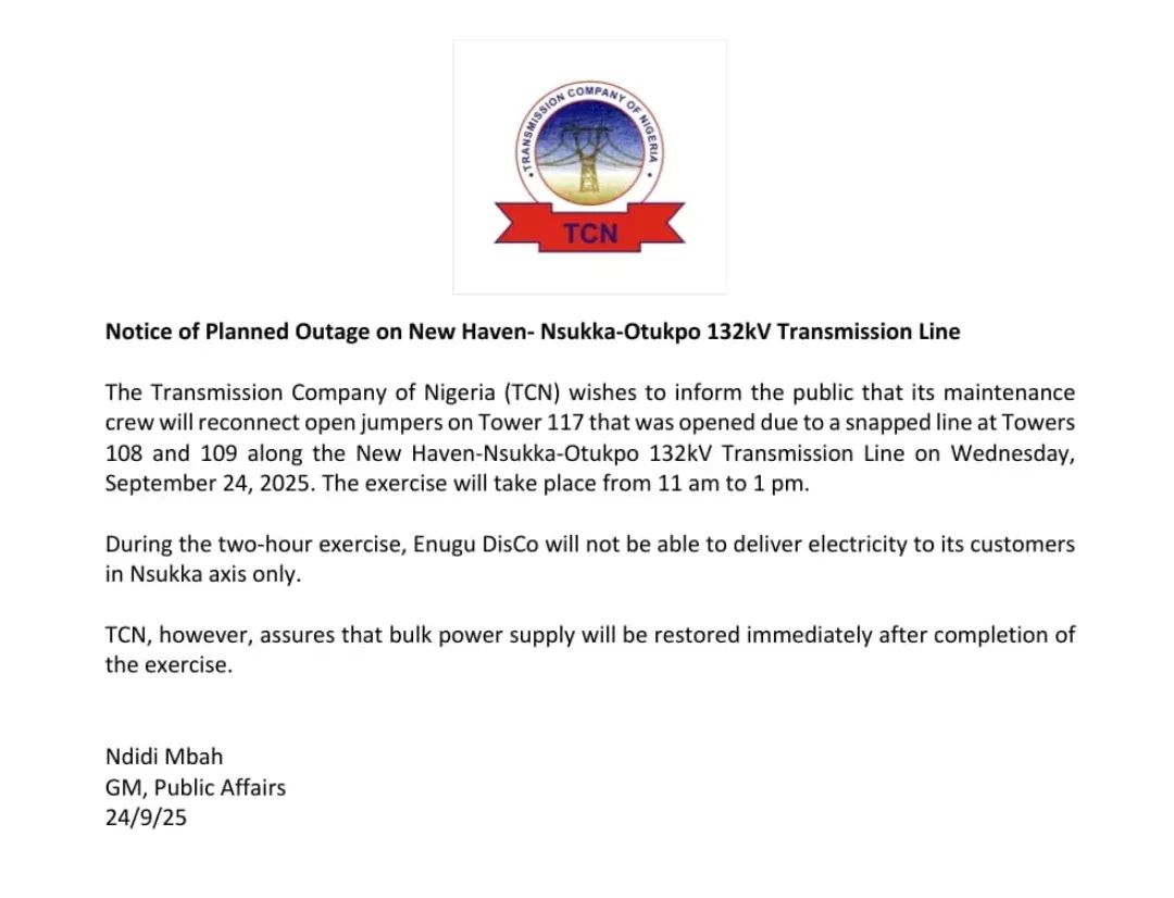 TCN Announces Planned Outage on New Haven–Nsukka–Otukpo Transmission Line
