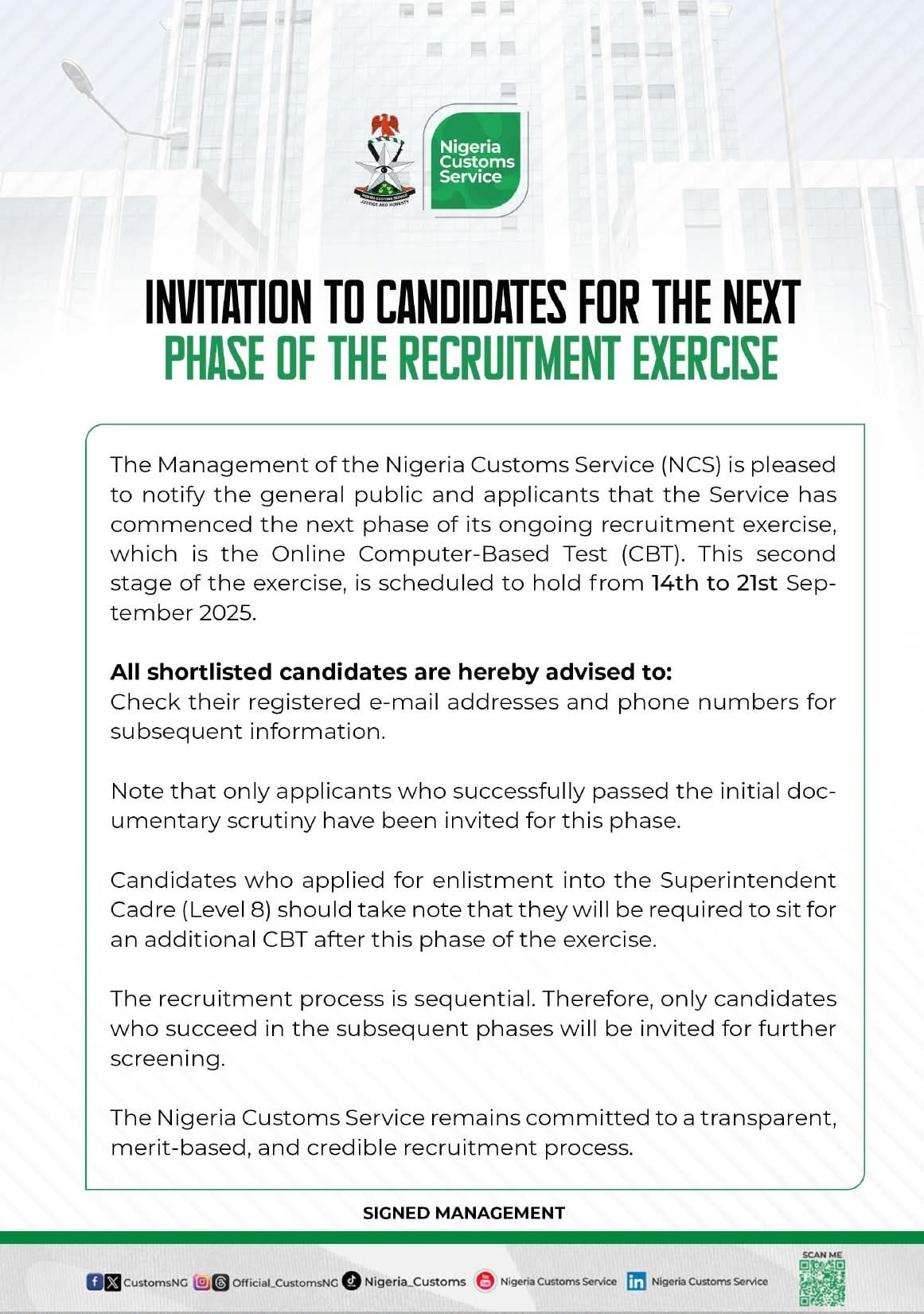 Nigeria Customs Service Announces Dates for Next Phase of Recruitment Exercise