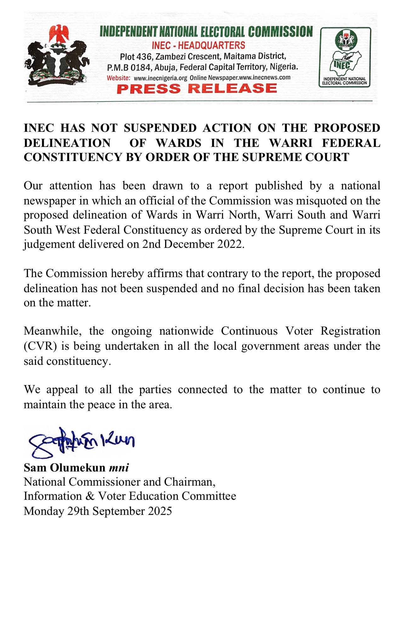 INEC Denies Suspending Ward Delineation in Warri Federal Constituency