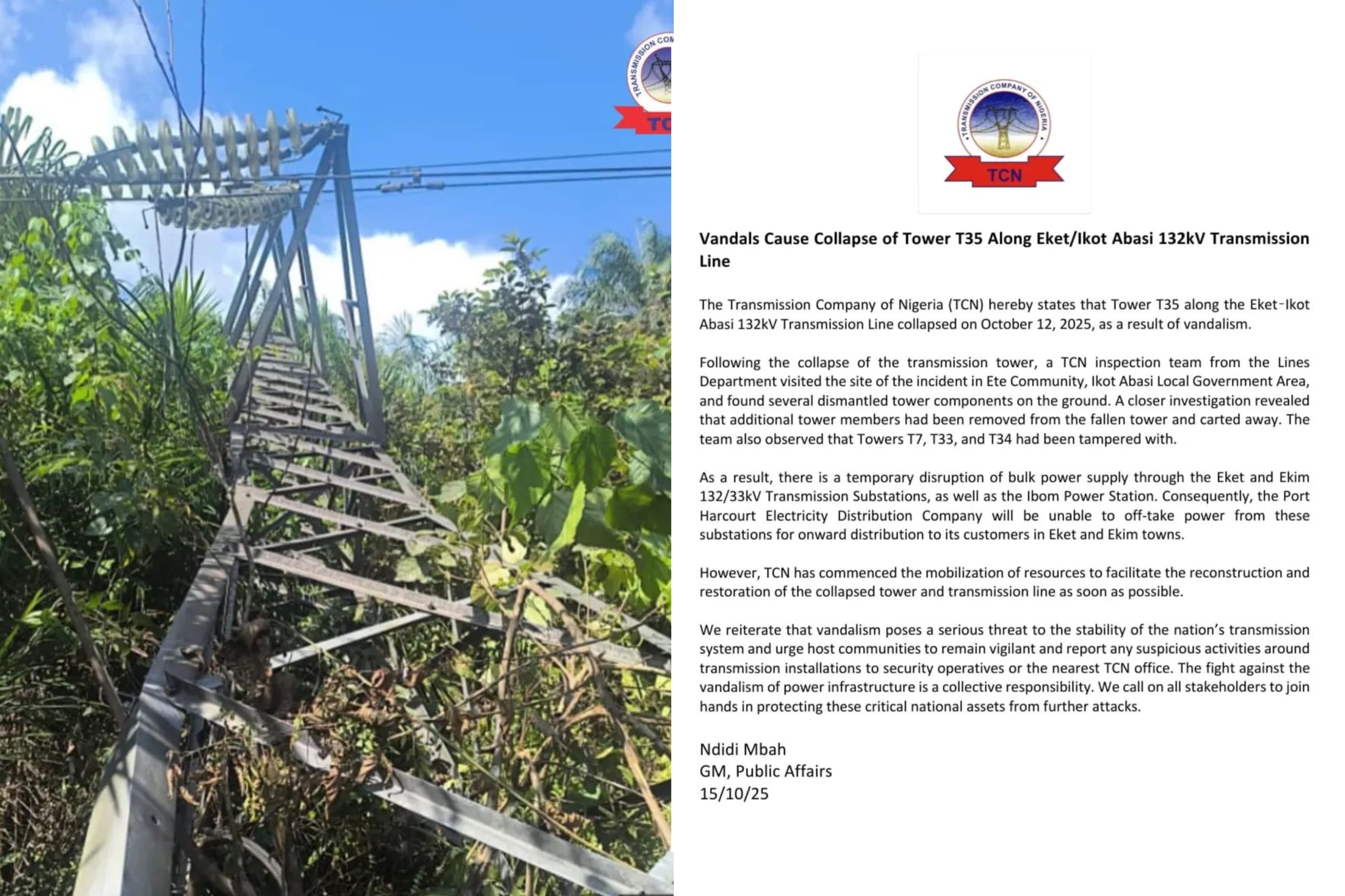 Vandals Destroy TCN Transmission Tower, Disrupt Power Supply in Akwa Ibom